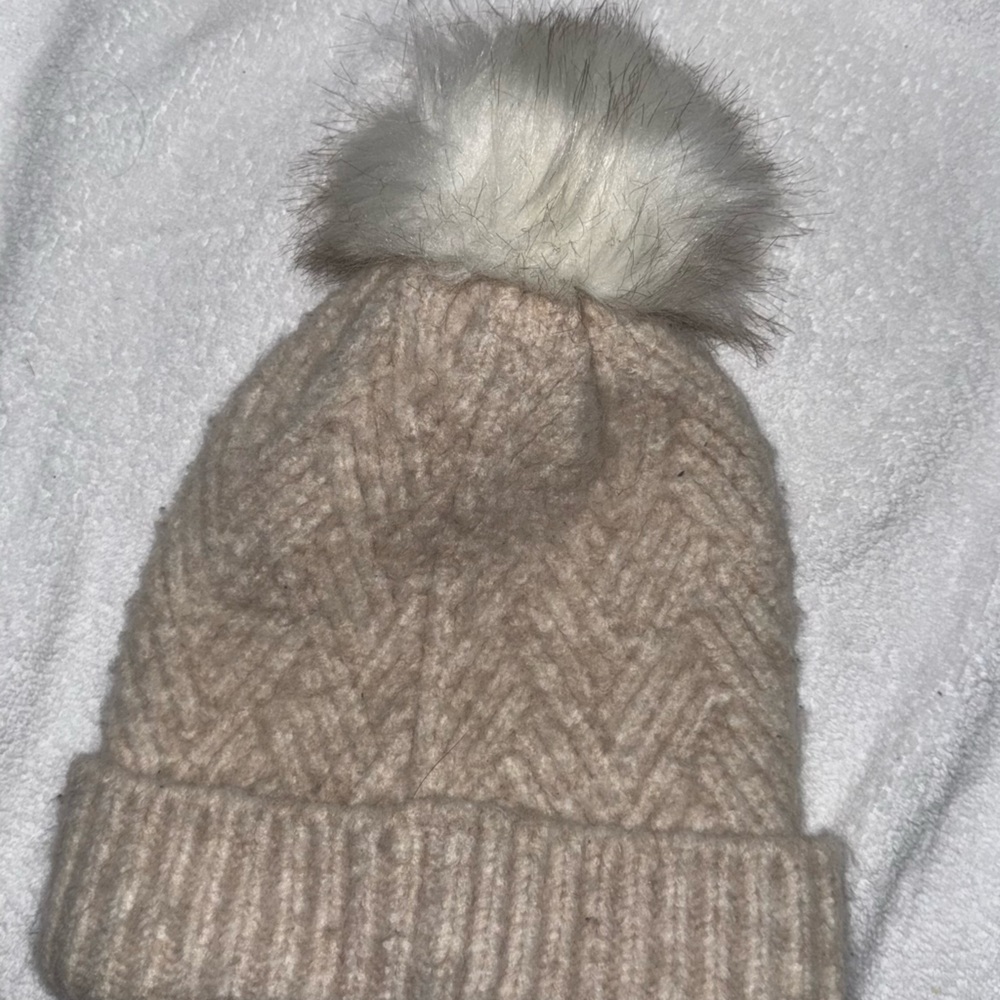 Forever New Cream Knit Beanie with White Pom Pom